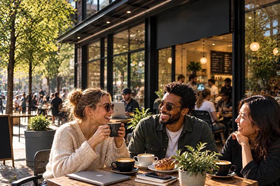 Three friends talking over coffee at a cafe patio table