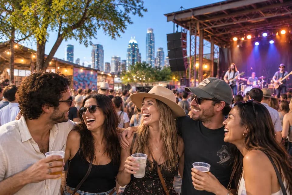 A group laughing together in the crowd at an outdoor concert