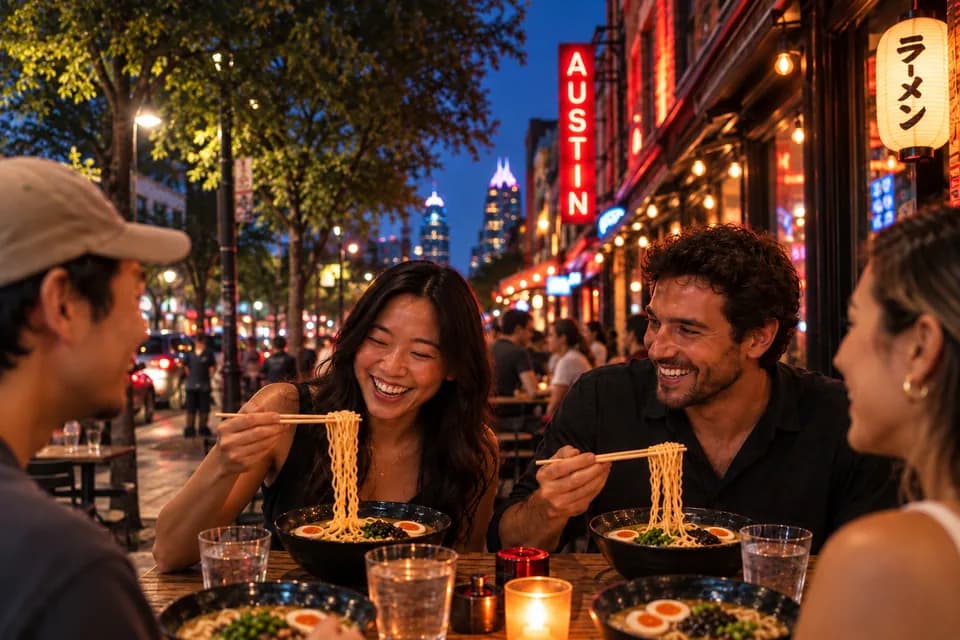 Four friends sharing bowls of ramen at a sidewalk table at night